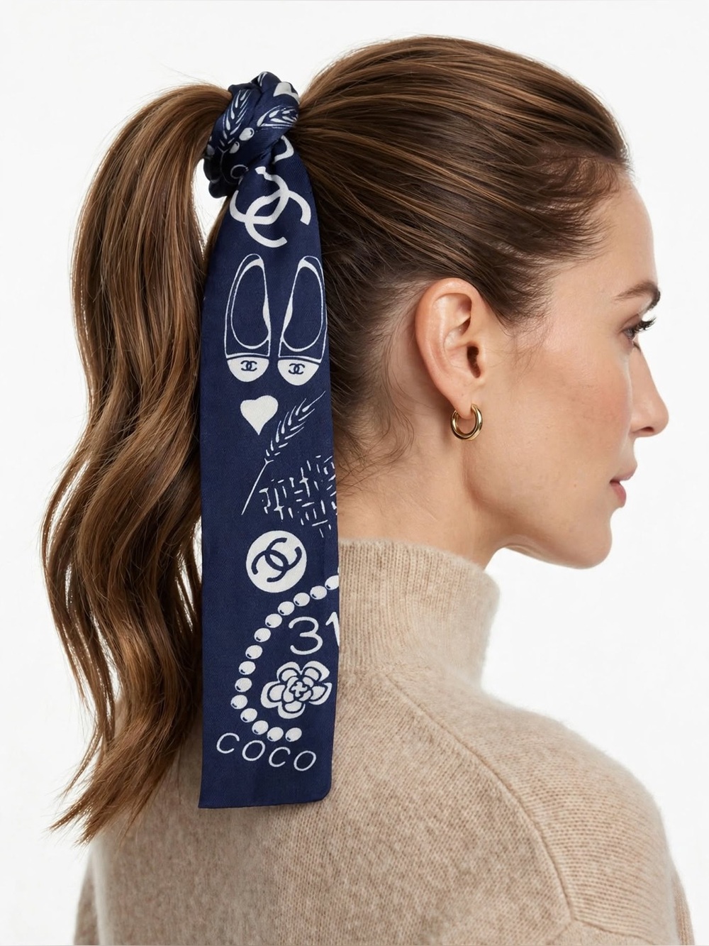 C Navy and White Printed Silk Hair Twilly